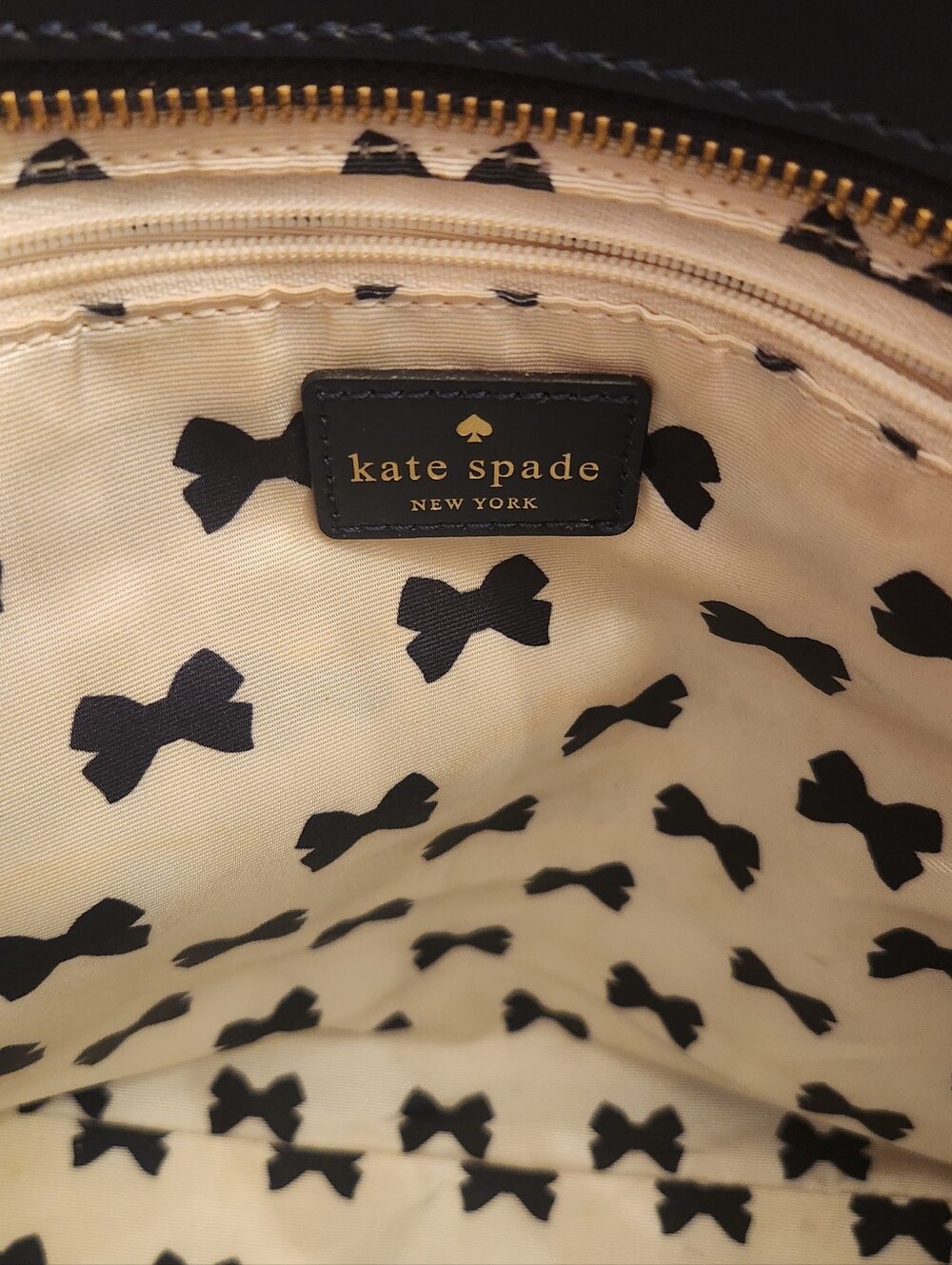 Kate Spade Dark Navy Blue Leather Scalloped-Trim Tote Immaculate Cream & Bow Int - Picture 10 of 11